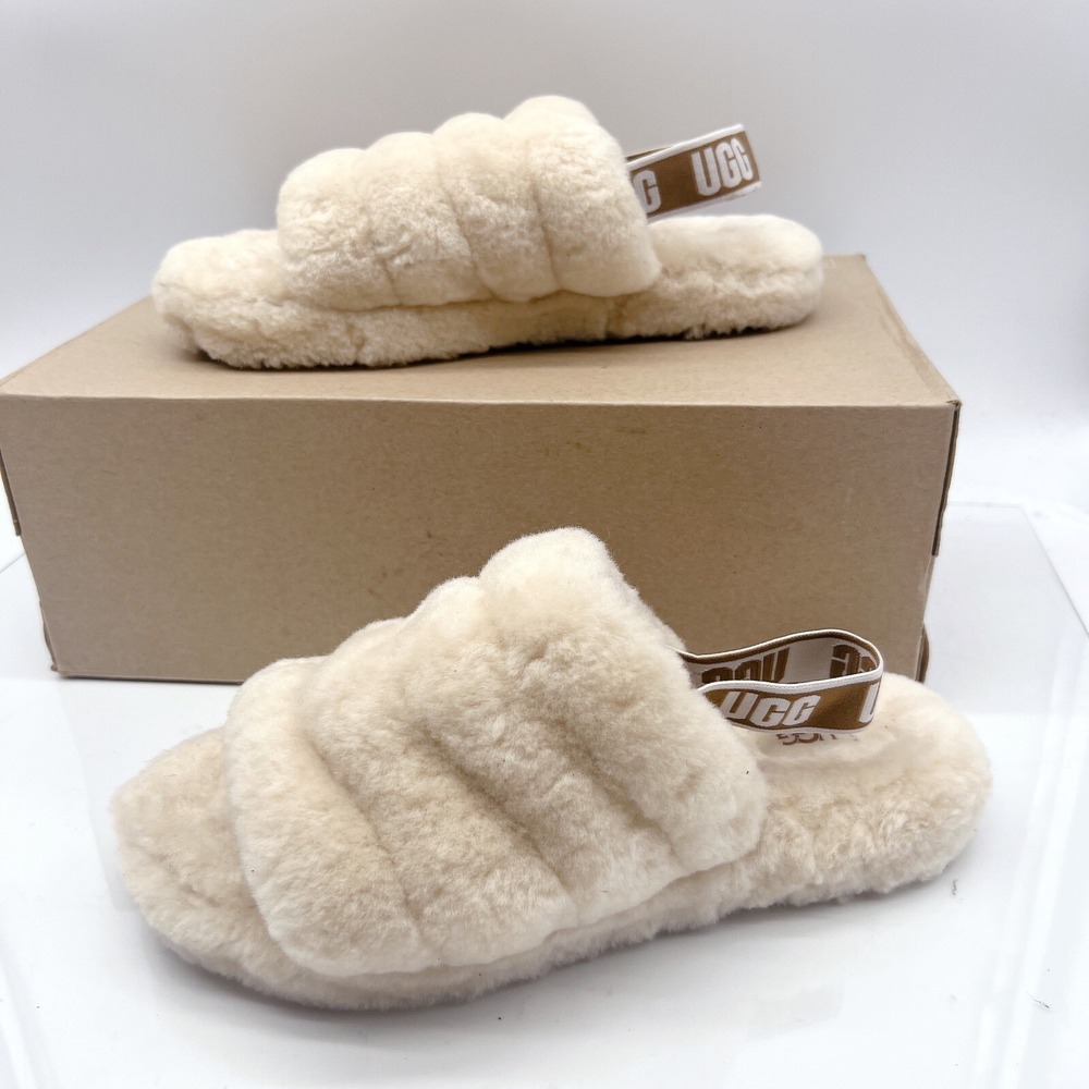UGG Fluff Yeah Genuine Shearling Platform Slingback Sandal Slide Beige US 6 - Picture 3 of 12
